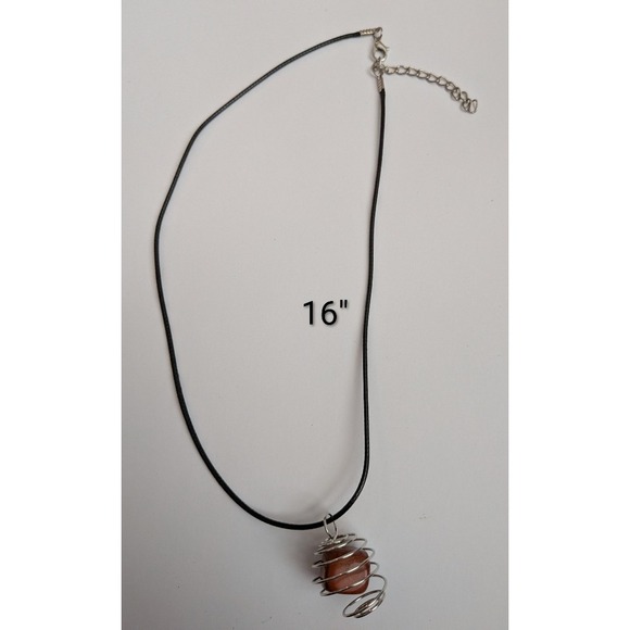 Handmade Jewelry - Red Jasper Stone Spiral Cage Pendant Necklace Black Cord Boho Jewelry 16 inch